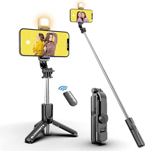 Blushinsta Selfie Stick Tripod with Fill Light Phone Tripod Stand with Remote & 360°Rotation…