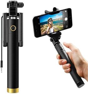 Compact Wired Monopod Extendable Selfie Stick with AUX Wire Built-in Remote Pocket Size Selfie Stick…