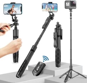 61″ Selfie Stick Tripod, All in One Extendable Phone Tripod Stand with Wireless Remote 360° Rotation…