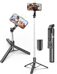 AMBLIC Bluetooth Extendable Selfie Sticks with Wireless Remote and Tripod Stand with LED Light,…