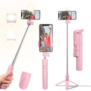 Selfie Stick Tripod, 40in Retractable Phone Tripod with Wireless Remote Control & Light, Portable…