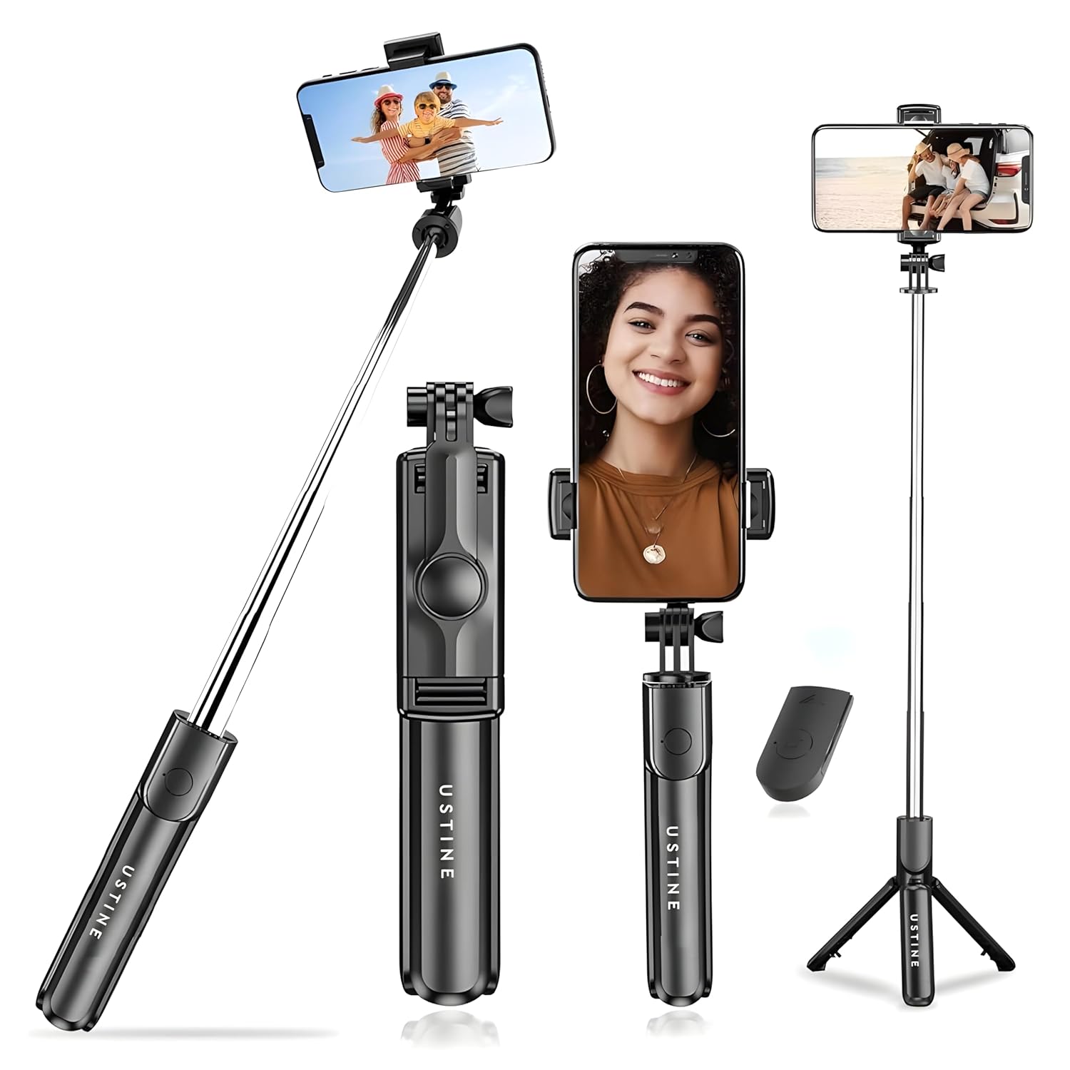 USTINE Bluetooth Extendable Selfie Sticks with Wireless Remote and Tripod Stand, 3-in-1…