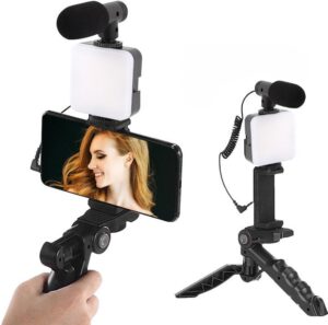 Vlogging Kit Camera Phone Tripod Led Light Selfie Stick and Microphone